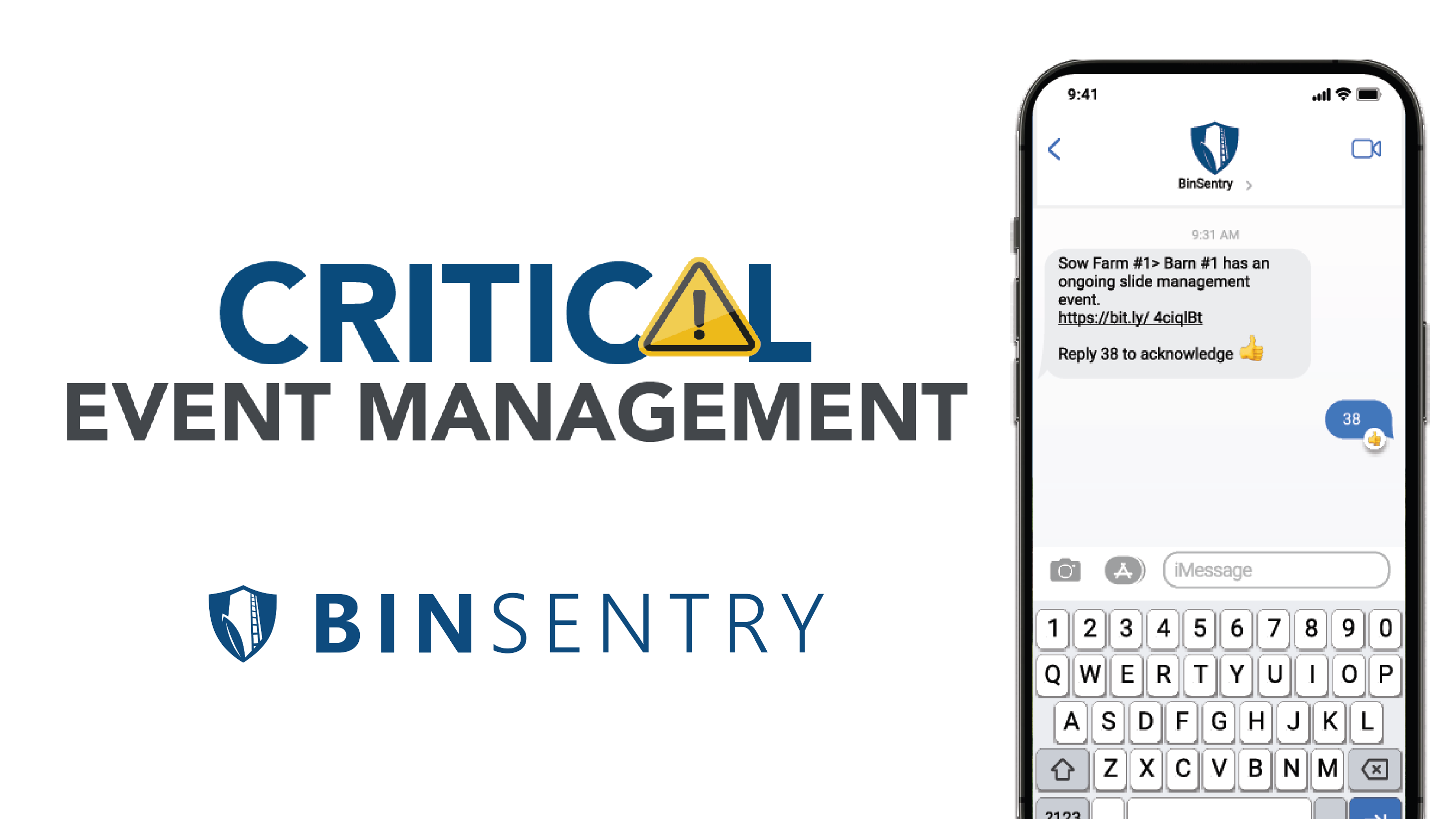 Graphic with copy and SMS alert for BinSentry Critical Event Management