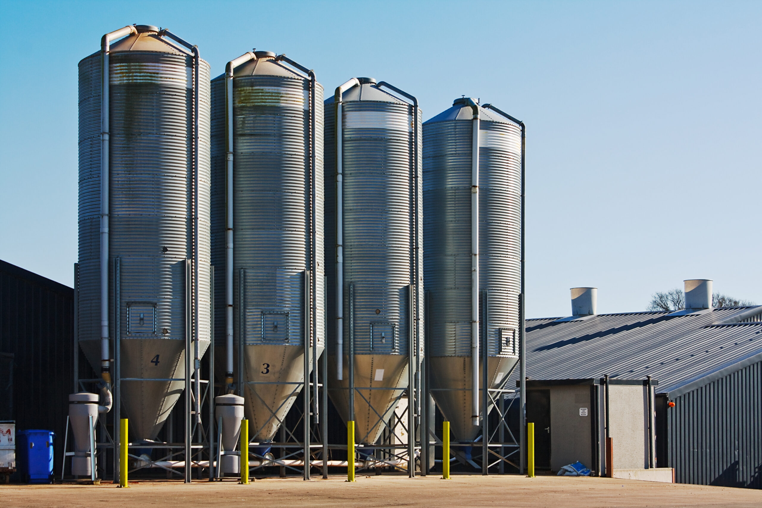 Lineup of feed bins on a farm